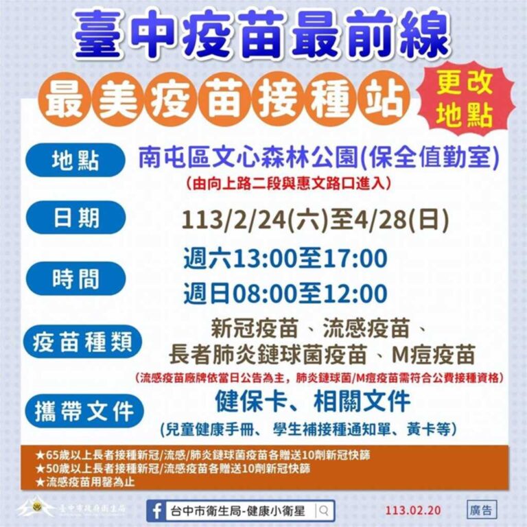 ▲台中市新增1例本土M痘確定病例，衛生局籲請民眾做好自我防護，儘速完成2劑疫苗接種。（台中市衛生局提供）